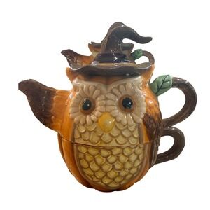 Cracker‎ Barrel Stoneware Owl Tea for One Set Witch Hat Pumpkin Mug Teapot